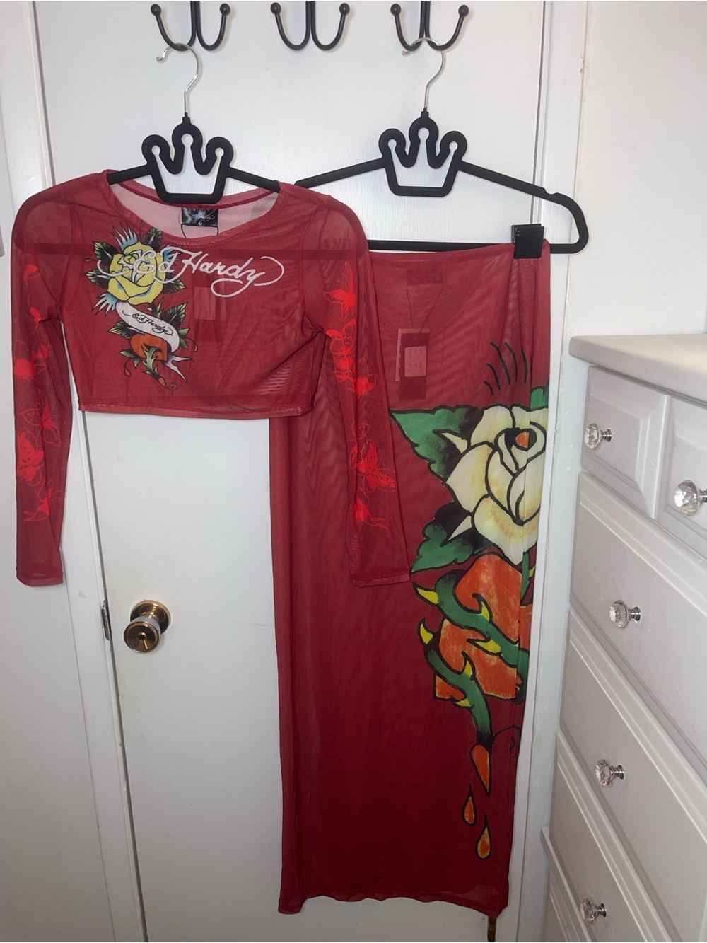NWT Ed Hardy Red Mesh Two-Piece Set with Floral Tattoo Graphic